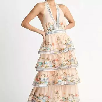 Милое платье с принтом на шее, сексуальное, с глубоким V-образным вырезом, открытой спиной, со шнуровкой и бантом, облегающее женское плиссированное платье-торт, летнее M жёлтый