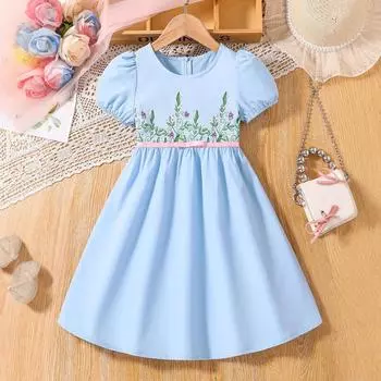 Милое платье с пышными рукавами и цветочным принтом для девочек, летнее детское платье принцессы с квадратным воротником 130cm павлин голубой