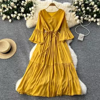 Милое платье с расклешенными рукавами, V-образным вырезом, принтом, оборками, шнуровкой, для пляжного отдыха, для женщин, корейская мода, летние платья One Size чёрный