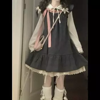 Милое платье с воротником Питер Пэн для женщин Y2k с высокой талией и оборками, жилетное платье для женщин, осеннее платье в японском стиле, милая кавайная одежда для женщин S серый