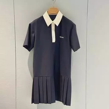 Милое платье-юбка с вышивкой в стиле Miu - плиссированный дизайн с коротким рукавом и лацканами в стиле колледжа на весну Small темно-синий