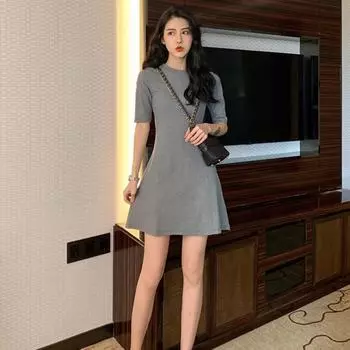 Милое платье выше колен во французском стиле ретро, женское однотонное платье трапециевидной формы с круглым вырезом и короткими рукавами, винтажные мини-платья L