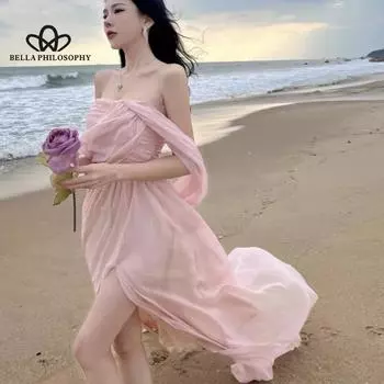 Милое пляжное платье с открытыми плечами и разрезом по бокам, женское летнее платье макси для романтического отдыха S розовый