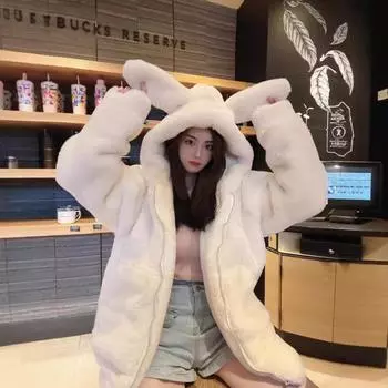 Милое плюшевое пальто с искусственным мехом и кроличьими ушками, женская хлопковая одежда 2024 года, осенне-зимнее пальто средней и длинной длины из утолщенной овечьей шерсти S белый