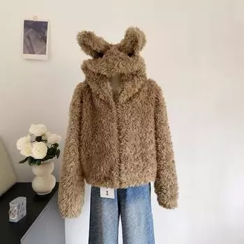 Милое плюшевое пальто с искусственным мехом и кроличьими ушками, новое женское зимнее свободное утолщенное ветрозащитное пальто One size абрикосовый