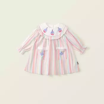 Милое полосатое вышитое платье для девочек 2024 года, новое платье принцессы из хлопка с длинными рукавами для маленьких девочек 100cm розовый