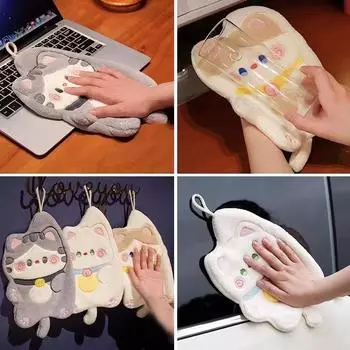 Милое полотенце для рук с изображением кота, быстросохнущая тряпка для уборки кухни, коралловый бархат, мультяшное животное, впитывающее полотенце для ванной, товары для дома A