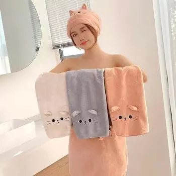 Милое полотенце для волос из микрофибры, ультрамягкое полотенце для волос, полотенца для женщин, впитывающее, быстросохнущее, тюрбан для волос с изображением мультяшного кота 35x75 см 35x75cm&1pc серый