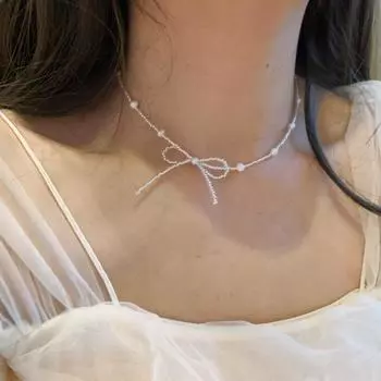 Милое прозрачное ожерелье с жемчужным бантом из бисера, женское, нежное, милое, изысканное, модное, универсальное, цепочка на шею, цепочка на ключицу