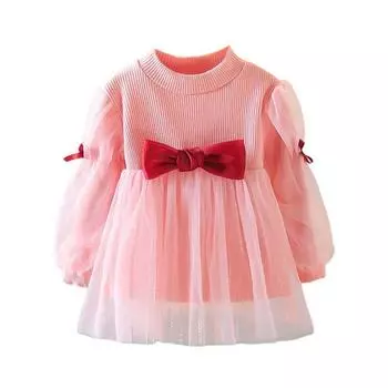 Милое пышное платье с бантом для маленьких девочек, новое весеннее платье-пачка принцессы, розовое детское платье-пачка с длинными рукавами и бантом для малышей, ткань для маленьких девочек 110