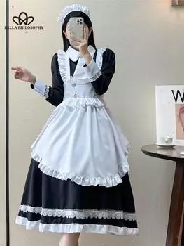 Милое японское платье Лолиты, женское готическое кавайное платье с пышными рукавами и оборками, вечерние платья для косплея, милый фартук для девочек, карнавальное платье горничной S чёрный