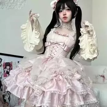 Милое японское платье в стиле Лолита, женское готическое кружевное вечернее мини-платье с бантом, Harajuku Kawaii, черное платье с шеей, кошачьи ушки, головной убор с рукавами XXL