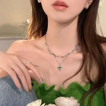 Милое роскошное зеленое ожерелье с подвеской в виде сердца, двухслойная ключичная цепочка для женщин и девочек, изысканное ожерелье, ювелирные изделия, подарки