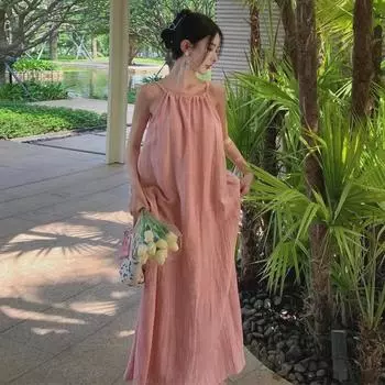 Милое розовое платье без рукавов на подтяжках 2024 года — свободный, ленивый стиль для женщин розовый