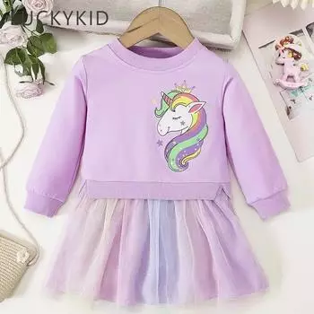 Милое сетчатое платье с длинными рукавами и круглым вырезом для девочек с принтом единорога, одежда 1-2Y