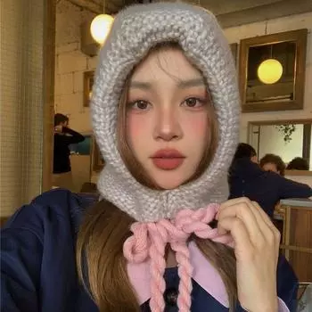 Милое сокращение возраста! Корейская шапка-балаклава ручной работы из толстой вязки, женская зимняя теплая шерстяная шапка с защитой от ушей M56-58cm