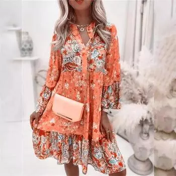 Милое стильное многослойное лоскутное платье с подолом, женское пуловер с v-образным вырезом и расклешенными рукавами, женское повседневное богемное платье миди с принтом S синий