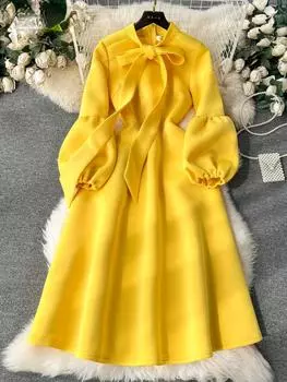 Милое стильное женское платье с бантом на шнуровке и фонариком с длинными рукавами, однотонные платья с высокой талией, осень-зима 2024, новинка 2024 г. S чёрный