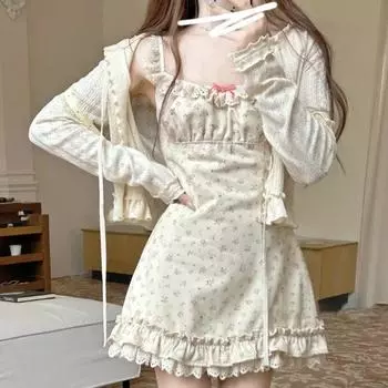 Милое свежее платье-бретелька с тонкой талией и цветочным принтом для женщин + кардиган в стиле гранж с длинными рукавами Y2k, топы 2024, летние новые комплекты из двух предметов S бежевый