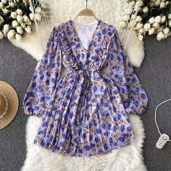 Милое темпераментное платье, женское осеннее новое плиссированное платье с французскими рюшами и v-образным вырезом, длинными рукавами и талией, с раздавленными цветами