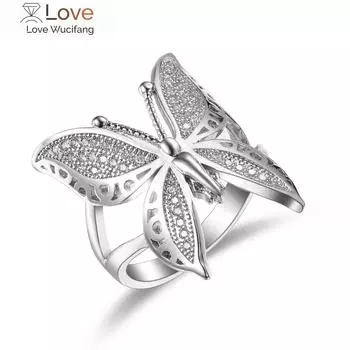 Милое женское большое бабочка циркон камень серебряный цвет открытое кольцо простое обручальное кольцо штамп любовь помолвка платовое кольцо Resizable