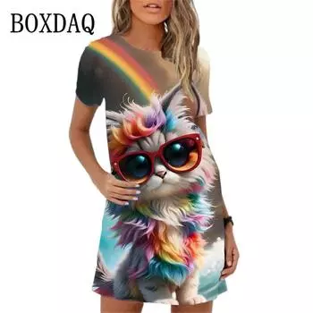 Милое женское повседневное мини-платье с рисунком животных из мультфильмов, с короткими рукавами, с собакой и кошкой, летнее новое женское платье-жилет S