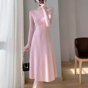 Милое женское трикотажное цельное платье 2024 года, осень-зима, длинное, элегантное, универсальное, облегающее, свитерное платье с длинными рукавами, повседневная одежда для вечеринок one size чёрный