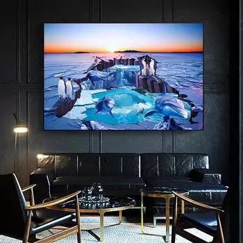 Милое животное Дельфин Плавание Пингвин Девушка Детская комната Украшения Дома Синий Океан Картина Маслом Холст Стена Искусства Плакат Росписи 21cm30cm NoFrame