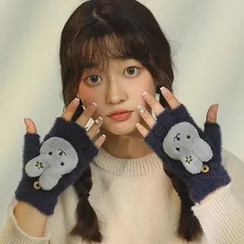 Милые 3D-перчатки с изображением животных из мультфильма: Зимний вязаный полупальцевый плюш для студентов One Size