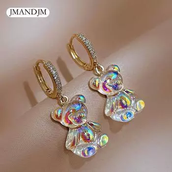 Милые акриловые серьги-кольца с конфетами и мармеладным мишкой для женщин, серьги-кольца с радужным медведем и цирконами, 2022, корейская мода, милые украшения для девочек