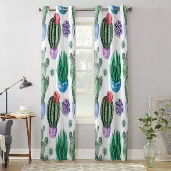 Милые акварельные кактусы в горшках, оконные шторы для гостиной, роскошный декор для спальни, занавески для кухни, занавески для окон 135W x 60H(cm) x1