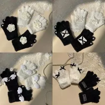 Милые элегантные перчатки принцессы для детей и девочек, простые черно-белые перчатки цвета осень-зима, пушистые, теплые, для улицы, детские перчатки