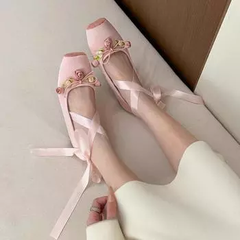 Милые атласные розовые балетки с квадратной головкой, женские новые туфли с одной педалью, с плоским дном и розовым ремешком 35