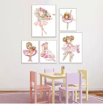 Милые балетки для девочек, цветы розы, кролик, единорог, плакаты на скандинавскую тему и принты, настенная живопись на холсте, настенные картины, декор для детской комнаты, без рамки 21*30cm