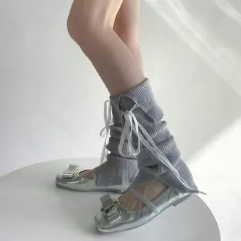 Милые балетки на шнуровке гетры с бантом женские чулки однотонные гольфы зимние чёрный