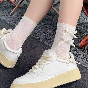 Милые балетные носки с кружевом и бантом в виде сердца, носки до середины голени из хлопковой дышащей сетки, носки Lolita Y2K, впитывающие пот, подарок в виде сердца для девочек белый