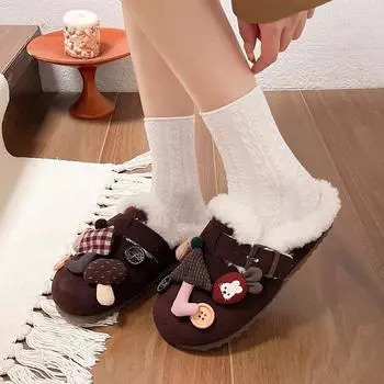 Милые бархатные полутапочки с рисунком куклы, верхняя одежда 2024 года, зимние тапочки с одной педалью, женские хлопковые тапочки на плоской подошве 35 коричневый