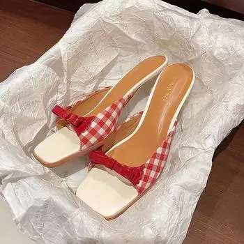 Милые белые красные клетчатые босоножки-мюли, женские шлепанцы с бантом и каблуком-рюмочкой, милые женские туфли-лодочки для вечеринки 35