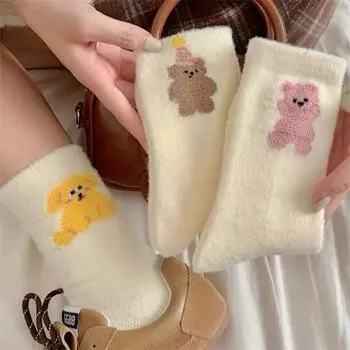 Милые белые носки с маленьким медвежонком, детские носки средней длины, осенние и зимние, с толстым бархатом и теплом, длинные зимние носки с японским рисунком