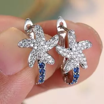 Милые белые синие циркониевые серьги-подвески в виде морской звезды для женщин, серебристого цвета, в океанском стиле, ювелирный подарок серебряный