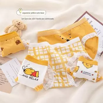 Милые бесшовные женские трусы со средней посадкой и принтом мультяшного медведя, с хлопковой вставкой и кружевной отделкой XL жёлтый