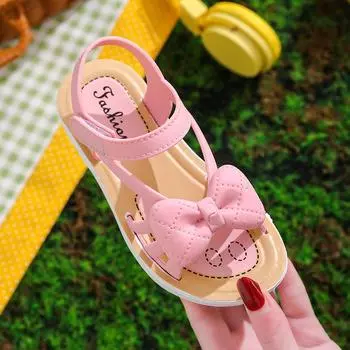 Милые босоножки принцессы с бантом 2024 года, летняя новая мягкая однотонная розовая детская модная детская пляжная обувь на липучке с бабочкой 24(Inner 15.5cm