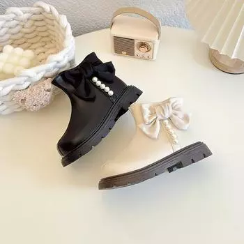 Милые ботильоны для девочек, элегантные универсальные детские зимние ботинки с бантом, однотонные повседневные детские модные хлопковые ботинки принцессы 26 чёрный