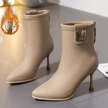 Милые ботильоны, женские зимние повседневные женские туфли с острым носком, современные ботинки из флока на среднем каблуке с металлическими украшениями 35