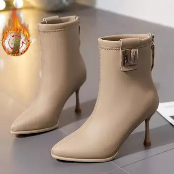 Милые ботильоны, женские зимние повседневные женские туфли с острым носком, современные ботинки из флока на среднем каблуке с металлическими украшениями 35 бежевый