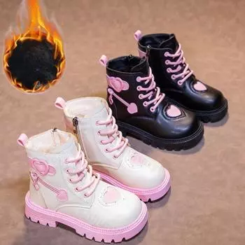 Милые ботинки для девочек, новые зимние кожаные плюшевые детские туфли, модная повседневная спортивная обувь из хлопка, нескользящие детские зимние ботинки 26 чёрный