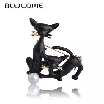 Милые броши с двойным котом, имитация жемчуга для женщин, мужчин, детей, эмалированные броши Esmalte, шарф, хиджаб, зажимы для пальто, булавки для свитера чёрный