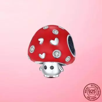 Милые бусины из стерлингового серебра 925 пробы, красная эмаль, подвеска в форме гриба, подходит для оригинального модного браслета S925, сделай сам, изготовление ювелирных украшений, подарок