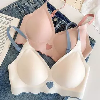 Милые бюстгальтеры для девочек с рисунком в виде сердца, нижнее белье с подушечками, бюстгальтеры Push Up, женское сексуальное нижнее белье с открытой спиной, беспроводное нижнее белье 32/70AB