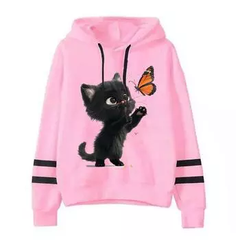 Милые черные толстовки с капюшоном с изображением кота-бабочки унисекс кавайный мультяшный свитшот для женщин/мужчин милый подарок для любителей животных пуловер с капюшоном S